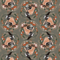 Pattern of badgers dressed up with mushrooms on a green background