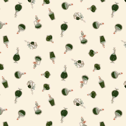 Pattern of filled potion bottles vials on an off-white background