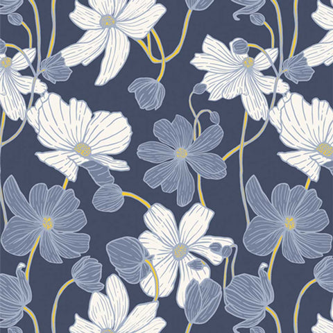 Pattern of white and blue flowers on a blue background