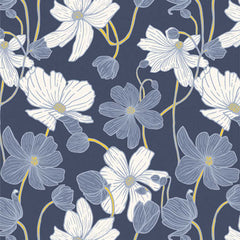 Pattern of white and blue flowers on a blue background