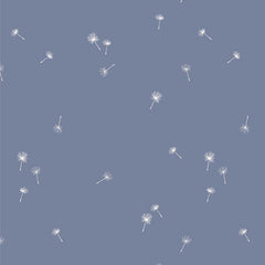 Pattern of scattered white dandelion seed on a purple background