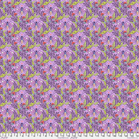 Purple background with bee and floral print with ruler