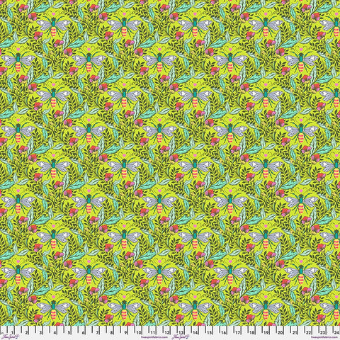 Green background with bee and floral print with ruler