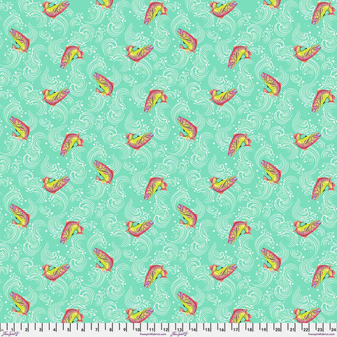 Turquoise wave background with colorful fish print with ruler