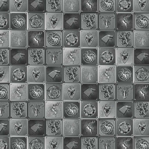 Pattern of black and silver tiles with Game of Thrones house icons