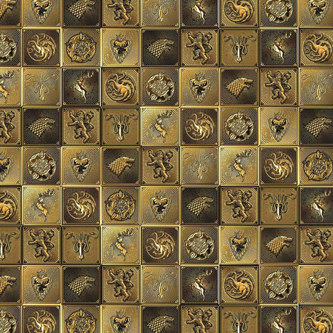 Pattern of black and gold tiles with Game of Thrones house icons