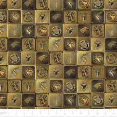Pattern of black and gold tiles with Game of Thrones house icons with ruler