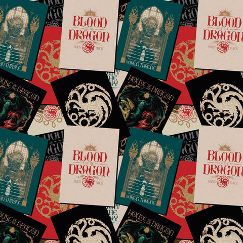 Pattern of stacked images of red, green, black and white Game of Thrones posters