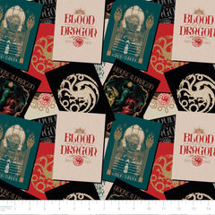 Pattern of stacked images of red, green, black and white Game of Thrones posters with ruler