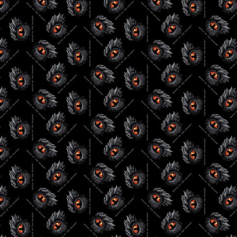 Pattern of red dragon eyes and "House of the Dragon" text on a black background