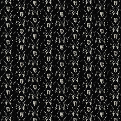 Pattern of swords, armor, and shields on a black background