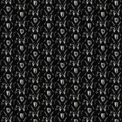 Pattern of swords, armor, and shields on a black background