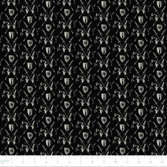 Pattern of swords, armor, and shields on a black background with ruler