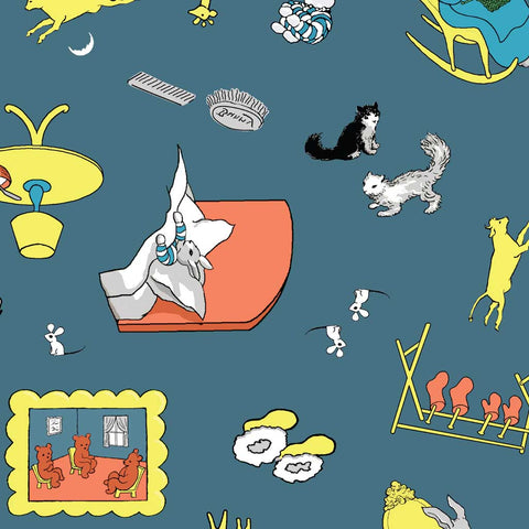 Design of the children's book "Goodnight Moon" featuring a sleeping rabbit in bed, playful cats, a rocking chair, and other elements on a blue background