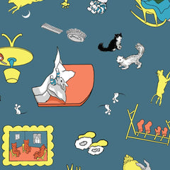 Design of the children's book "Goodnight Moon" featuring a sleeping rabbit in bed, playful cats, a rocking chair, and other elements on a blue background