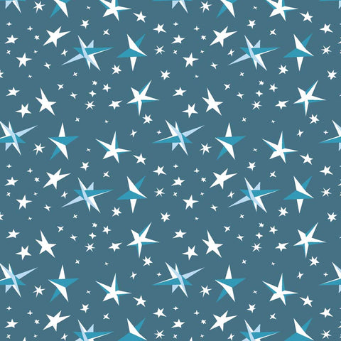 Pattern of various sizes of white and blue stars on a blue background