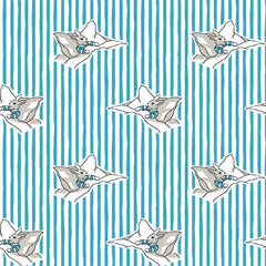 Pattern of rabbits nestled in beds set against a background of blue and white vertical stripes