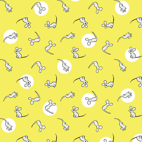Pattern of white mice and full moons scattered across a yellow background