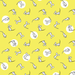 Pattern of white mice and full moons scattered across a yellow background