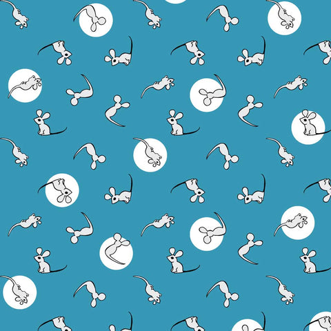 Pattern of white mice and full moons scattered across a blue background