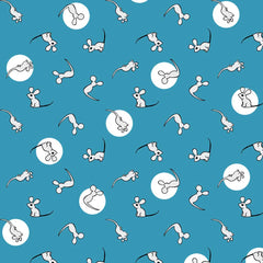 Pattern of white mice and full moons scattered across a blue background