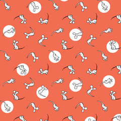 Pattern of white mice and full moons scattered across an orange background