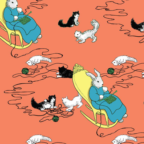 Pattern of bunnies and kittens playing with yarn on an orange background