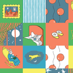 Patchwork design of the children's book "Goodnight Moon" featuring a cozy rabbit reading, a playful kitten, and whimsical elements on a green, blue, red, and yellow background