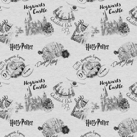 Pattern of various Harry Potter locations on a gray background