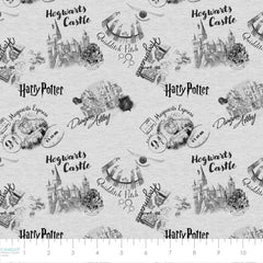 Pattern of various Harry Potter locations on a gray background with ruler