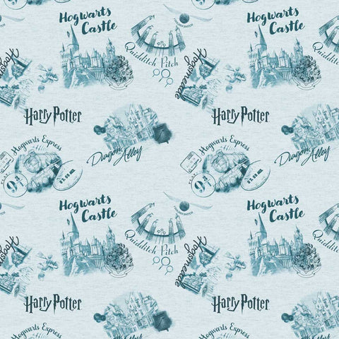 Pattern of various Harry Potter locations on a blue background