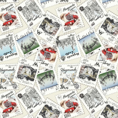 Pattern of stacked stamps of Harry Potter locations on a light background