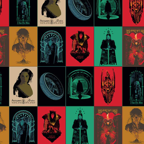Pattern of colorful blocks of 'Lord of the Rings' characters and icons