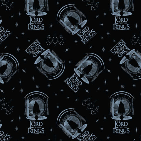 Pattern of 'Lord of the Rings' logos and icons with silhouettes on a black background