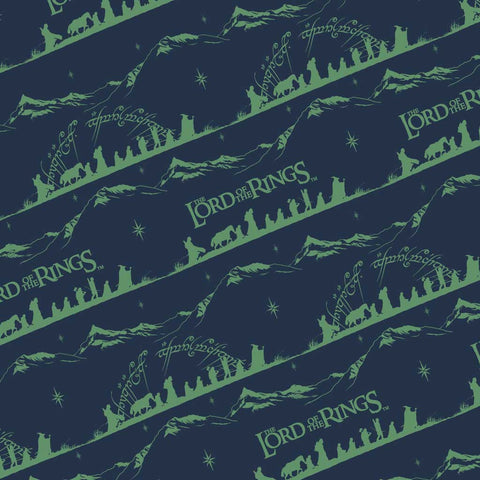 Pattern of 'Lord of the Rings' logos with mountains and silhouettes on a dark blue background