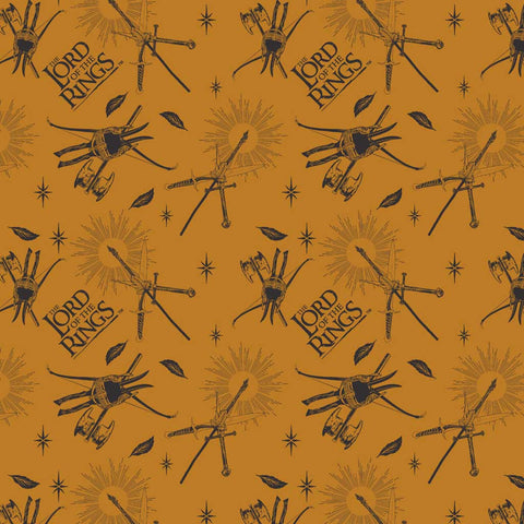 Pattern of 'The Lord of the Rings' logos and weapon icons on a dark yellow background