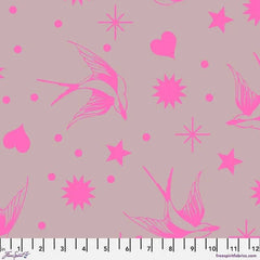 Pattern of pink birds, hearts, stars, and dots on a gray background with ruler