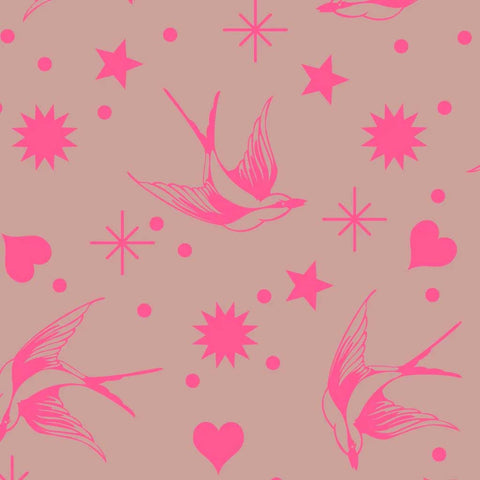 Pattern of pink birds, hearts, stars, and dots on a gray background
