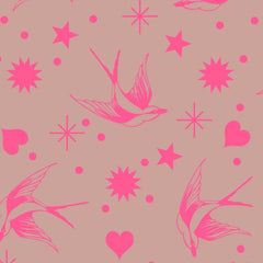 Pattern of pink birds, hearts, stars, and dots on a gray background