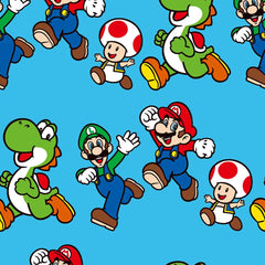 Pattern of Super Mario Brothers characters on a blue background