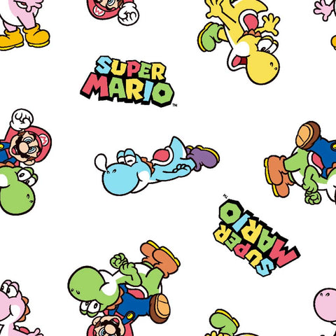 Scattered pattern of Super Mario Brothers characters like Mario and Yoshi on a white background