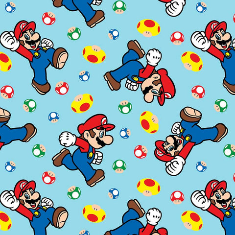 Scattered pattern of Mario and mushrooms on a blue background