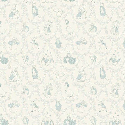 White tone on tone damask pattern with characters from Peter Rabbit