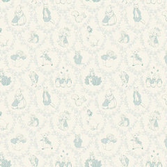 White tone on tone damask pattern with characters from Peter Rabbit