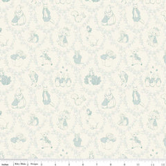 White tone on tone damask pattern with characters from Peter Rabbit with ruler