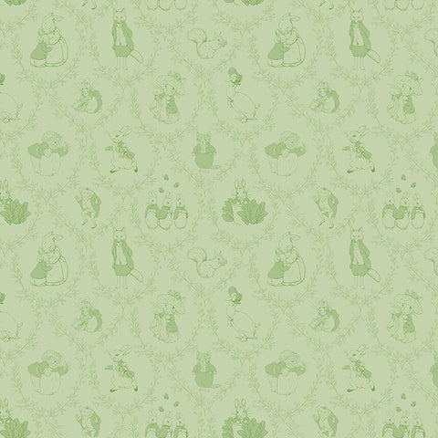 Green tone on tone damask pattern with characters from Peter Rabbit
