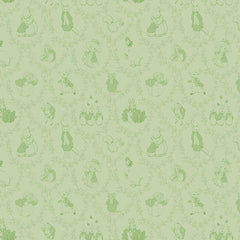 Green tone on tone damask pattern with characters from Peter Rabbit