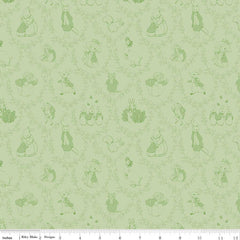 Green tone on tone damask pattern with characters from Peter Rabbit with ruler