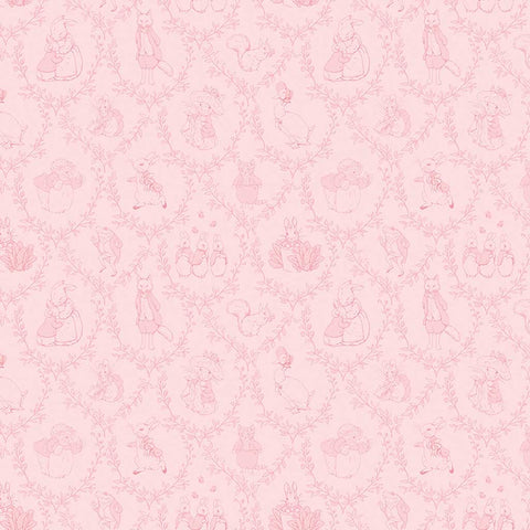 Pink tone on tone damask pattern with characters from Peter Rabbit