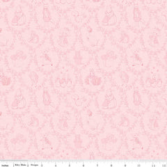 Pink tone on tone damask pattern with characters from Peter Rabbit with ruler